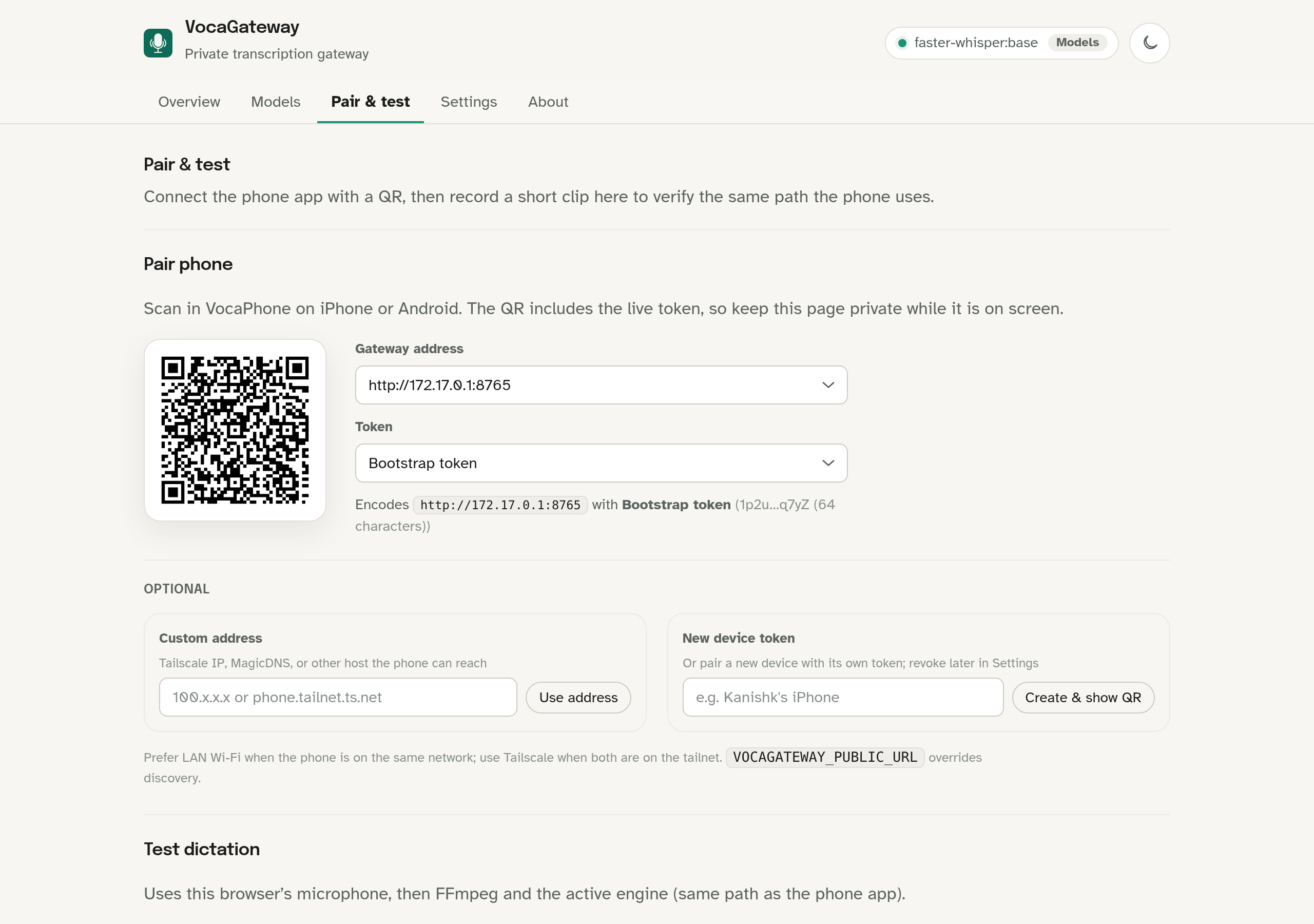 VocaGateway WebUI Pair and test. Example QR from a stopped local host, not a live token.
